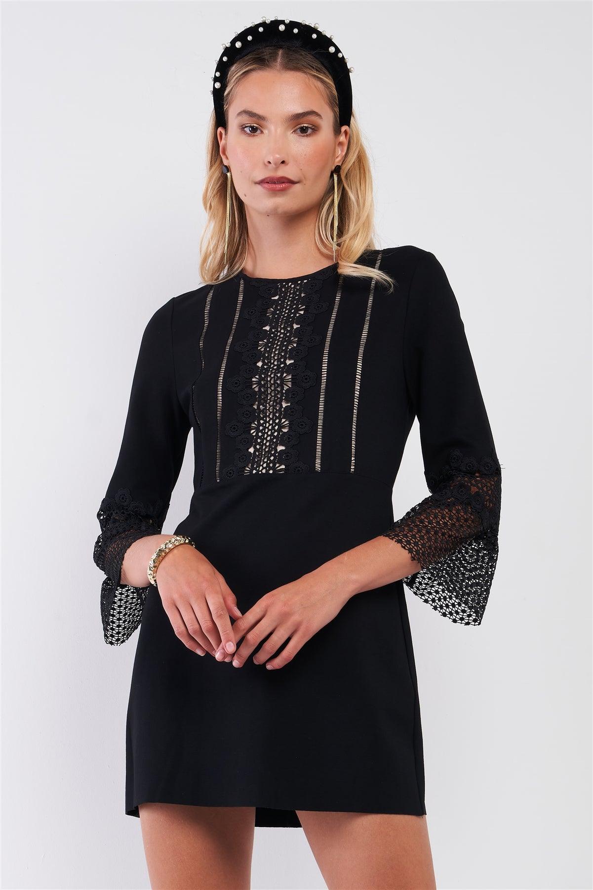 Black Round Neck Midi Sleeve With Crochet Lace Trim Mini Dress /2-2-2-1