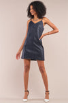 Navy Vegan Leather Sleeveless V-Neck Stitch Detail Mini Dress/1-2-2-1