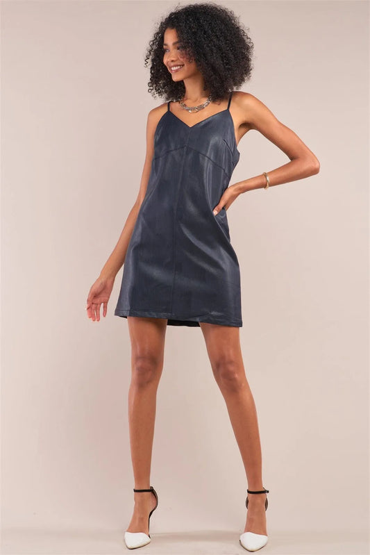Navy Vegan Leather Sleeveless V-Neck Stitch Detail Mini Dress/1-2-2-1 - Tasha Apparel Wholesale