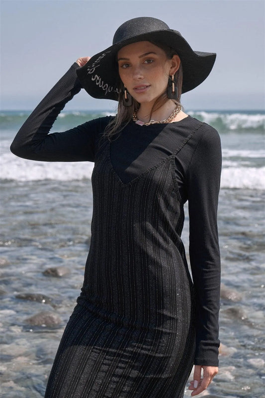 Silver Mist Black Striped V-Neck Long Sleeve Fitted Mesh Two-Piece Maxi Dress /1-2-2-1 - Tasha Apparel Wholesale