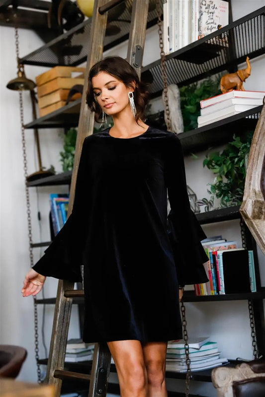 Black Velvet Ruffled Long Sleeve Relaxed Mini Dress /2-2-2 - Tasha Apparel Wholesale