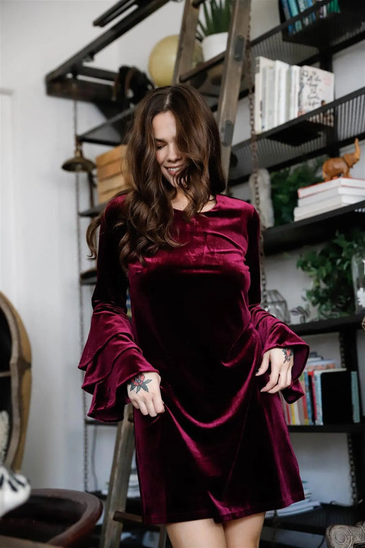 Burgundy Velvet Ruffled Long Sleeve Relaxed Mini Dress /1-1-1-1-1 - Tasha Apparel Wholesale