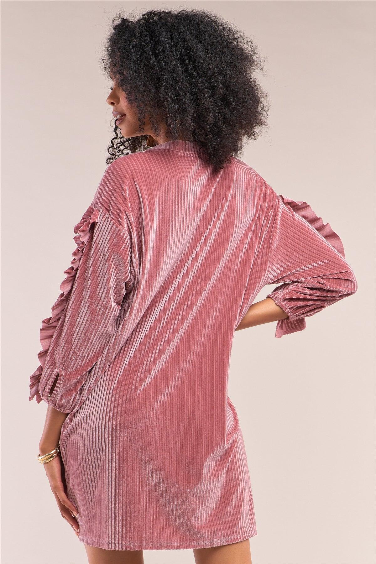 Coral Pink Velvet Ribbed Ruffle Trim Detail Long Sleeve Crew Neck Tunic Mini Dress /1-2-1