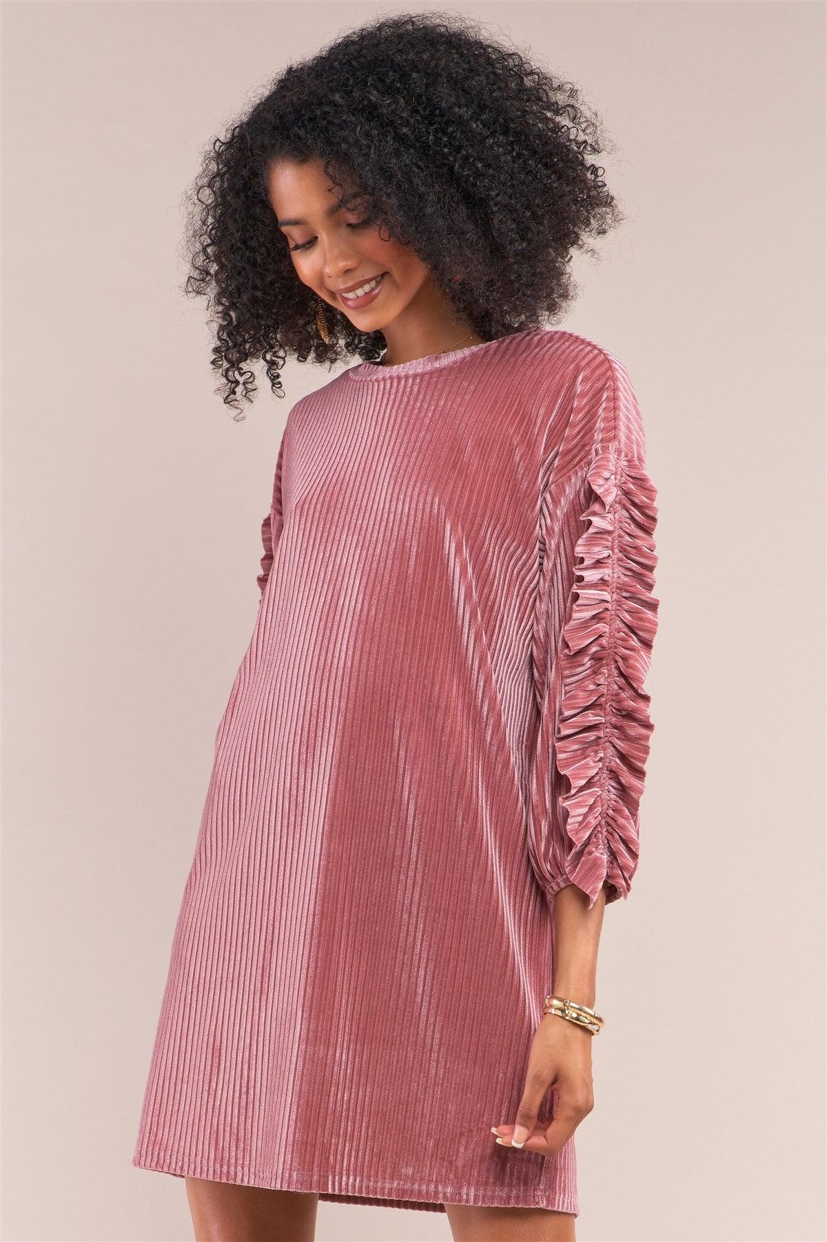 Coral Pink Velvet Ribbed Ruffle Trim Detail Long Sleeve Crew Neck Tunic Mini Dress /1-2-1