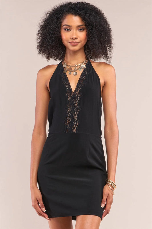 Black Halter Neck Lace Trim Bodycon Mini Dress /1-2-2-1 - Tasha Apparel Wholesale