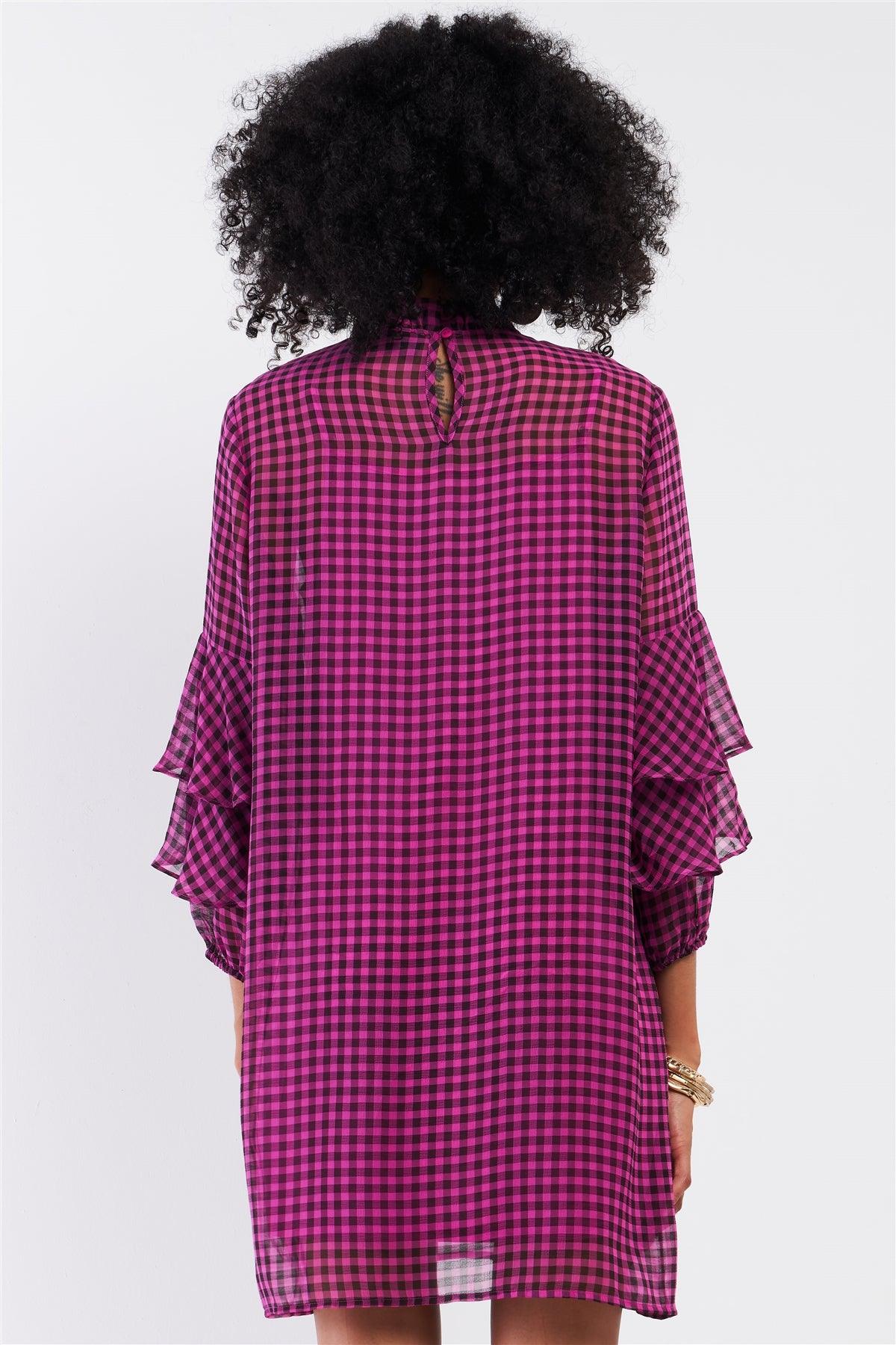 Black & Pink Checkered Print Relaxed Frill Mock Neck Layered Flare Sleeve Detail Mini Dress /2-2-2