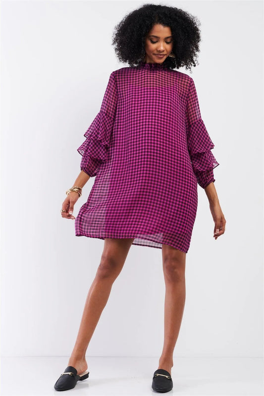 Black & Pink Checkered Print Relaxed Frill Mock Neck Layered Flare Sleeve Detail Mini Dress /1-2-3 - Tasha Apparel Wholesale