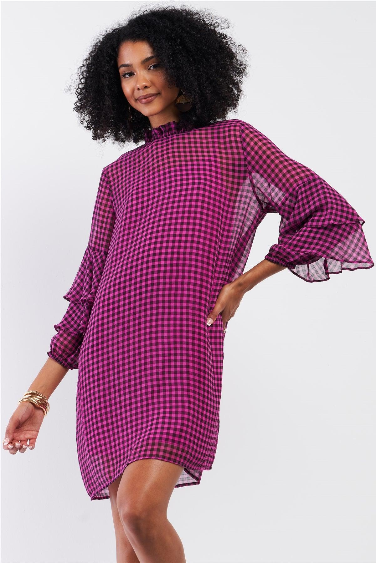 Black & Pink Checkered Print Relaxed Frill Mock Neck Layered Flare Sleeve Detail Mini Dress /1-2-3