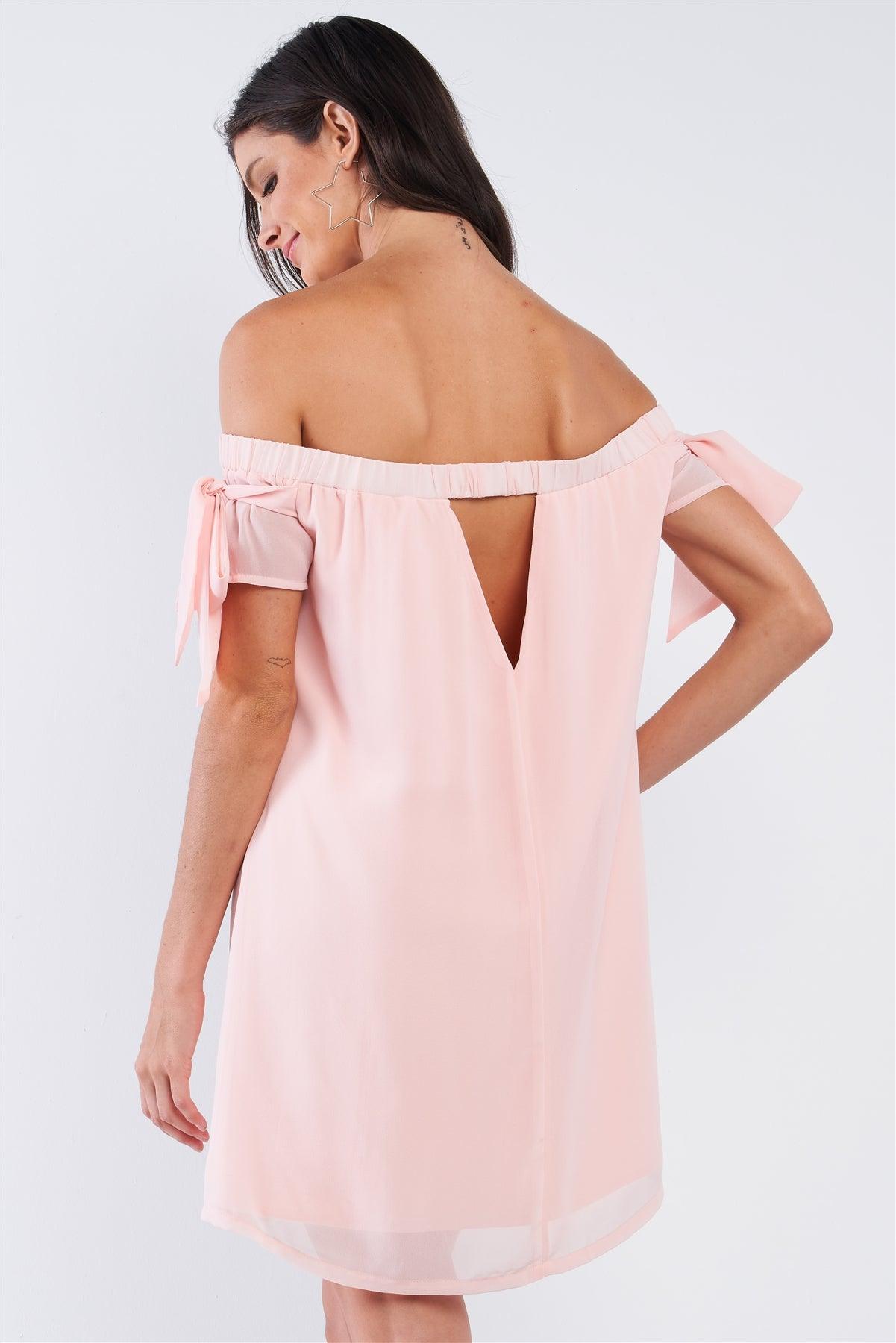 Peach Pink Loose Fit Off-The-Shoulder Self-Tie Bow Sleeve Cut Out Back Detail Tunic Mini Dress /1-2-2-1