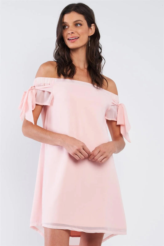 Peach Pink Loose Fit Off-The-Shoulder Self-Tie Bow Sleeve Cut Out Back Detail Tunic Mini Dress /2-3-2 - Tasha Apparel Wholesale
