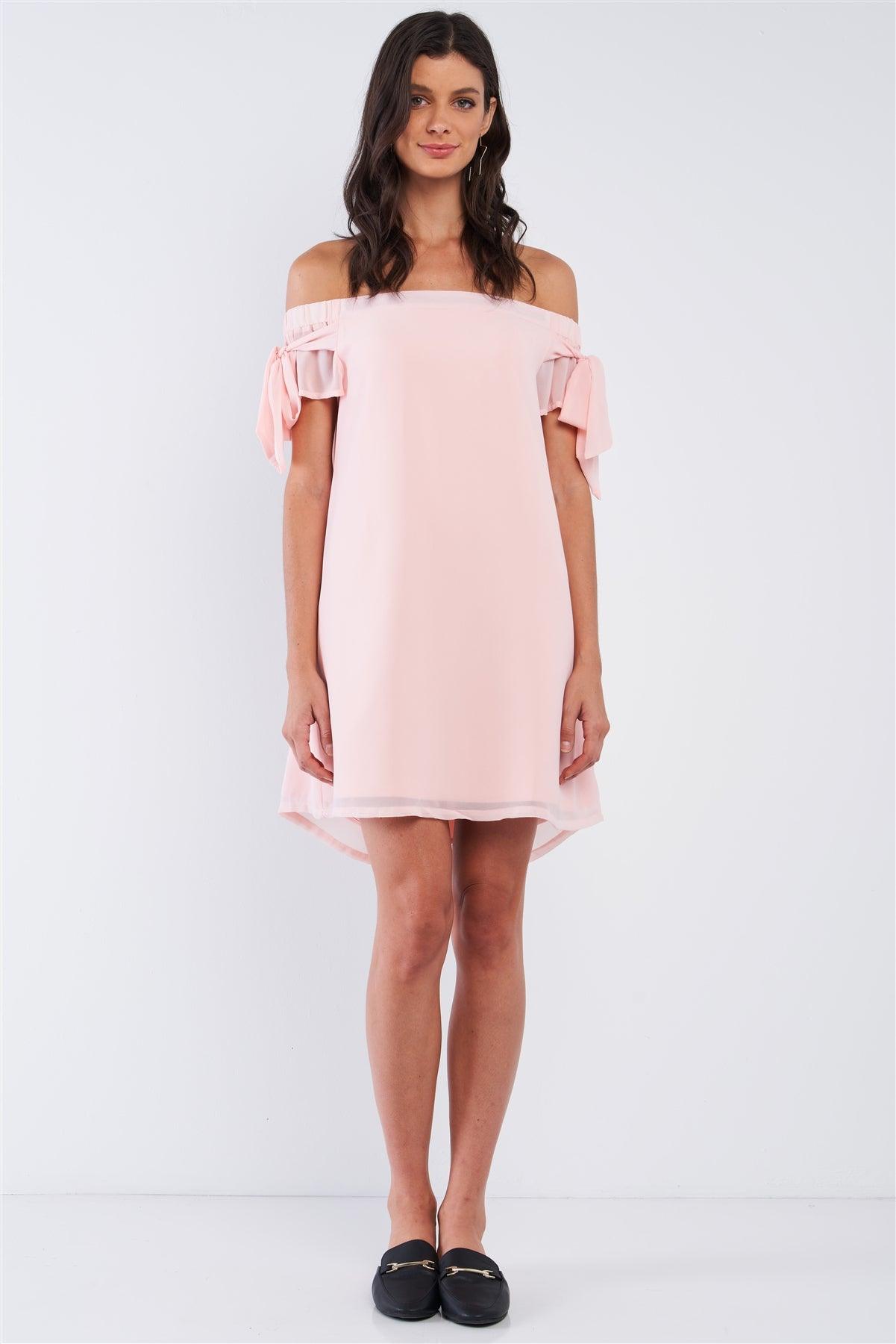 Peach Pink Loose Fit Off-The-Shoulder Self-Tie Bow Sleeve Cut Out Back Detail Tunic Mini Dress /2-3-2