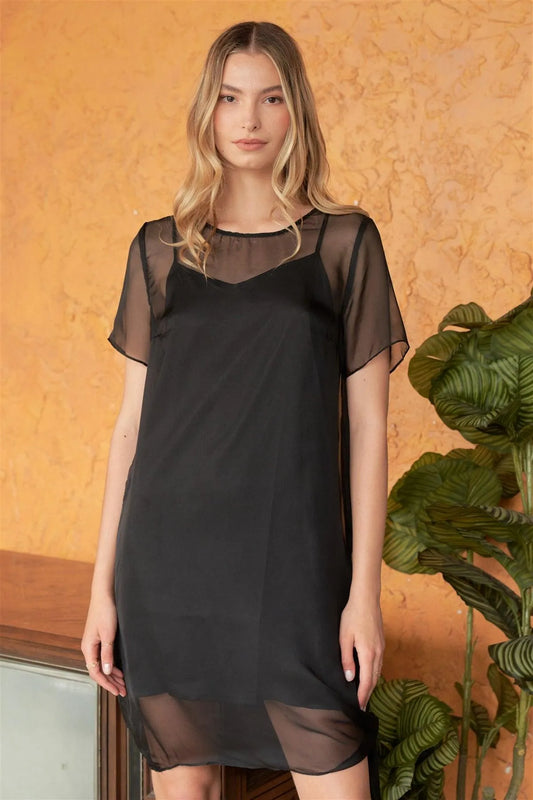 Black Organza Short Sleeve Round Neck Straight Cut Self-Tie Side Detail Knee Length Dress /3-2 - Tasha Apparel Wholesale