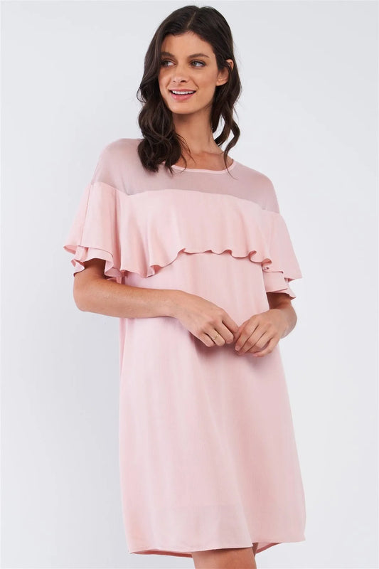 Dusty Pink Loose Fit Chest Lace Mesh Detail Ruffle Off-The-Shoulder Hem Mini Dress /1-2-2-1 - Tasha Apparel Wholesale