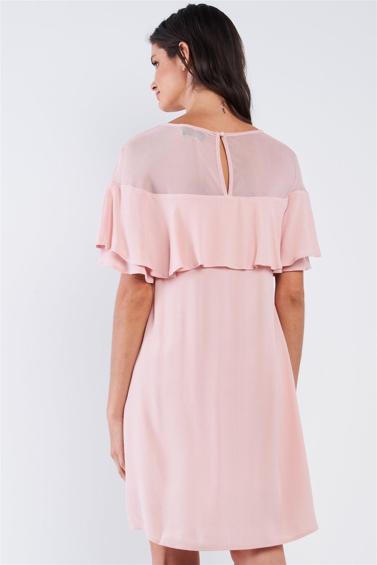 Dusty Pink Loose Fit Chest Lace Mesh Detail Ruffle Off-The-Shoulder Hem Mini Dress /1-2-2-1