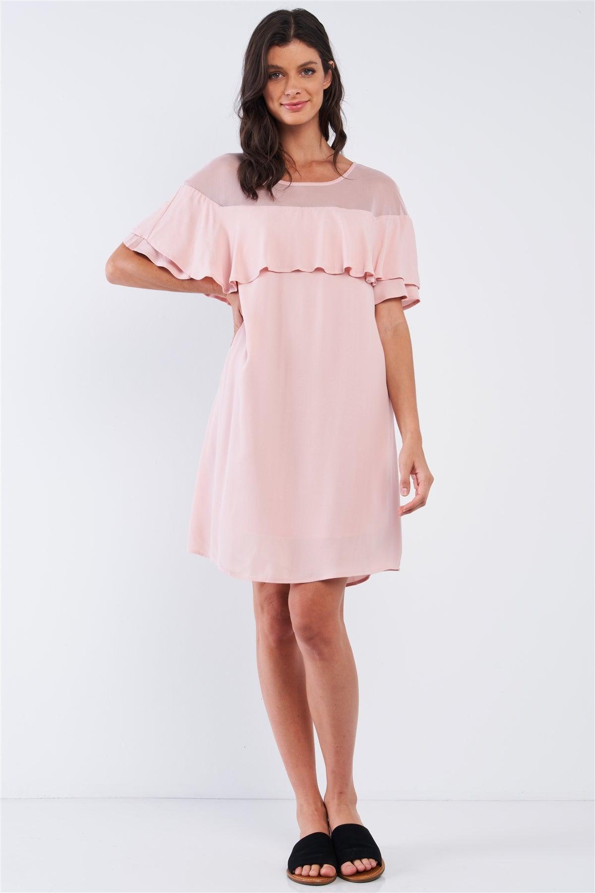 Dusty Pink Loose Fit Chest Lace Mesh Detail Ruffle Off-The-Shoulder Hem Mini Dress