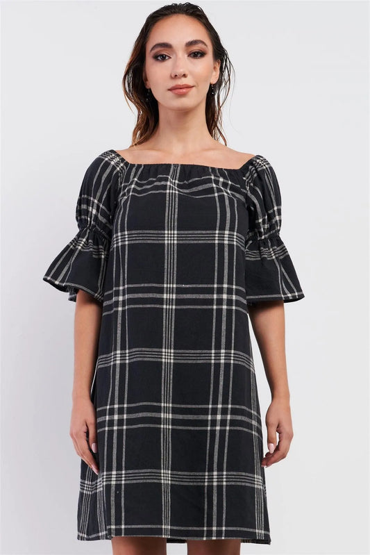 Washed Black Plaid Print Square Neck Balloon Puff Sleeve Relaxed Mini Dress /3-3 - Tasha Apparel Wholesale