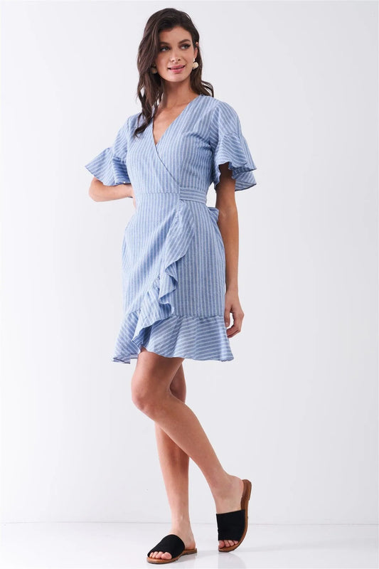 Blue & White Striped Deep Plunge V-Neck Ruffle Hem Self-Tie Waist Wrap Mini Dress /2-2 - Tasha Apparel Wholesale
