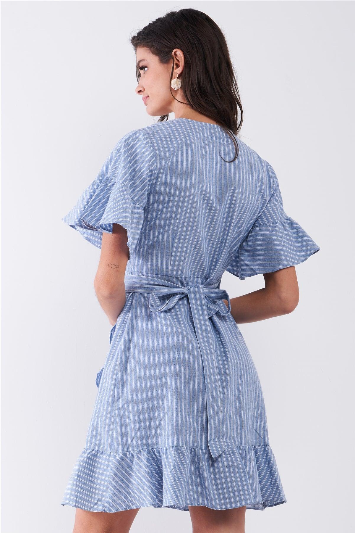 Blue & White Striped Deep Plunge V-Neck Ruffle Hem Self-Tie Waist Wrap Mini Dress /2-2