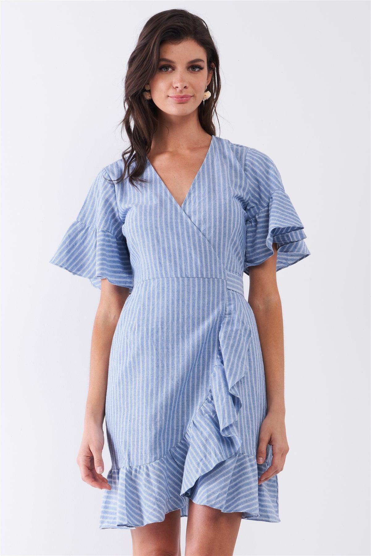 Blue & White Striped Deep Plunge V-Neck Ruffle Hem Self-Tie Waist Wrap Mini Dress /1-2-2