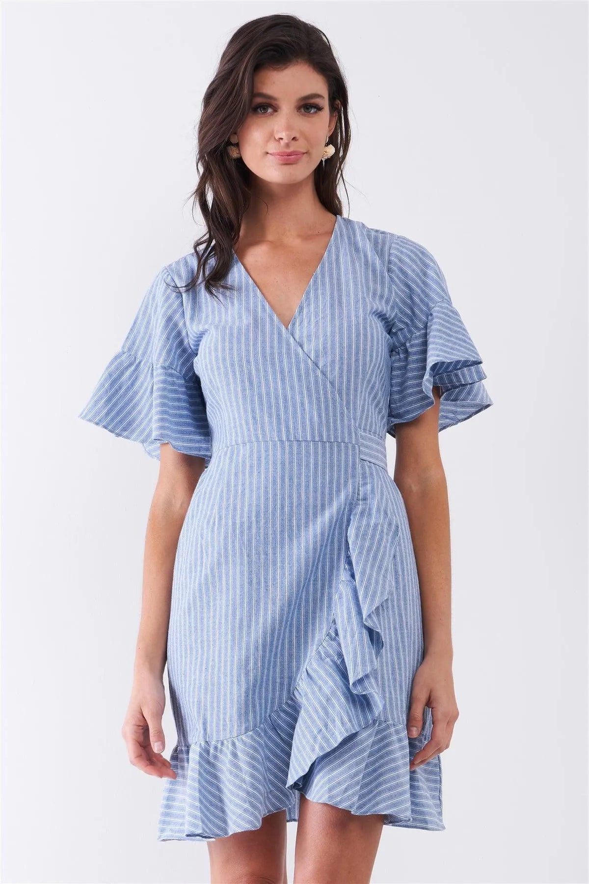 Ruffles Ofd Ress Blue & White Striped Deep Plunge V-Neck Ruffle Hem Self-Tie Waist Wrap ...