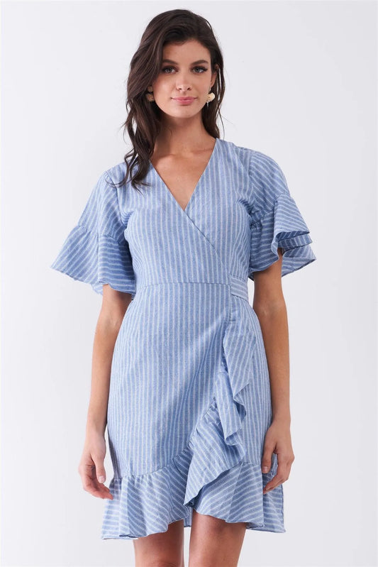 Blue & White Striped Deep Plunge V-Neck Ruffle Hem Self-Tie Waist Wrap Mini Dress /1-2-2 - Tasha Apparel Wholesale