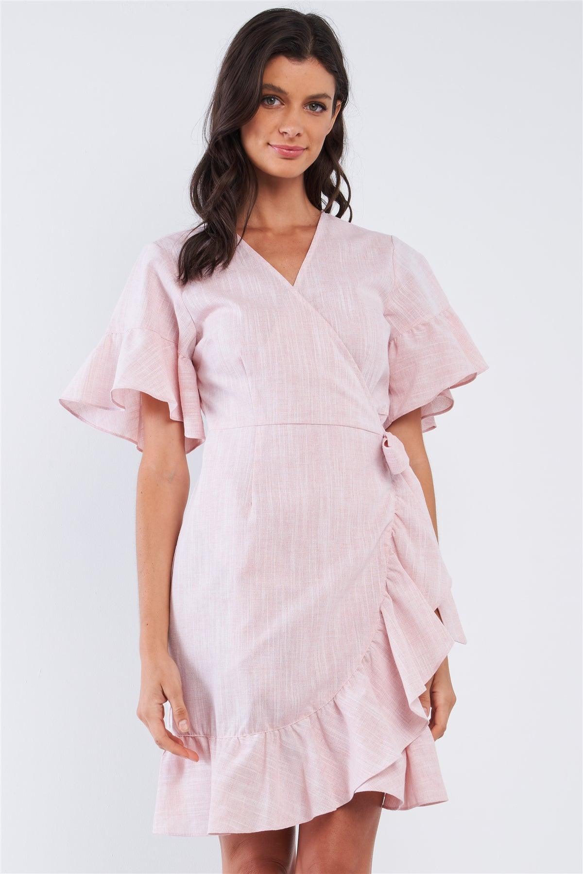 Pastel Pink Deep Plunge V-Neck Ruffle Hem Self-Tie Waist Wrap Mini Dress