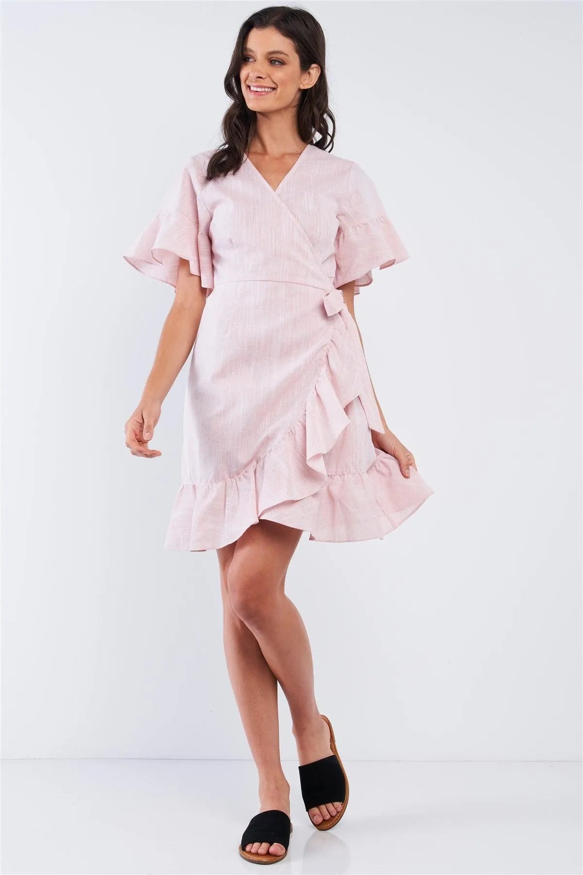 Ruffles Ofd Ress Pastel Pink Deep Plunge V-Neck Ruffle Hem Self-Tie Waist Wrap Mini Dress