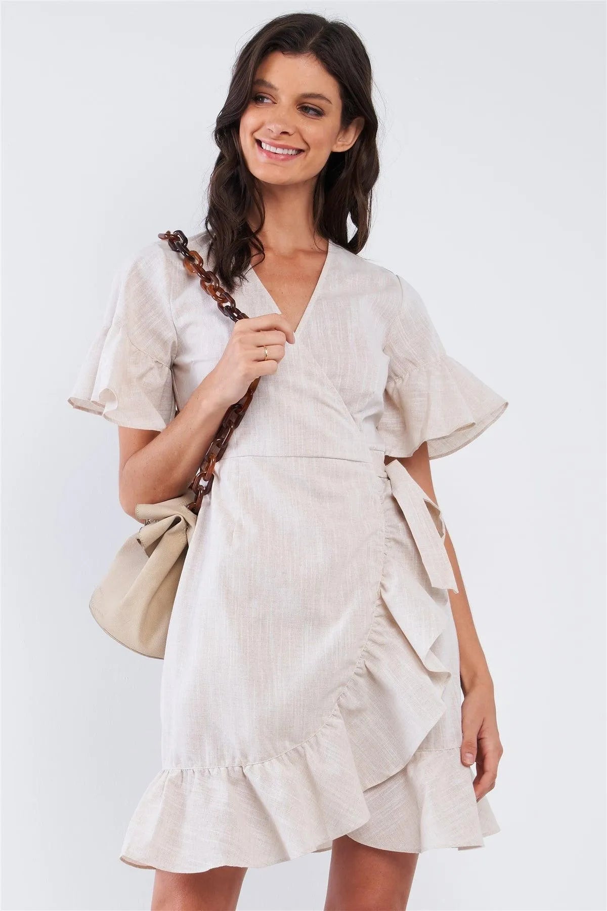 Ruffles Ofd Ress Wholesale Tan Beige Deep Plunge V-Neck Ruffle Hem Self-Tie Waist Wrap ...