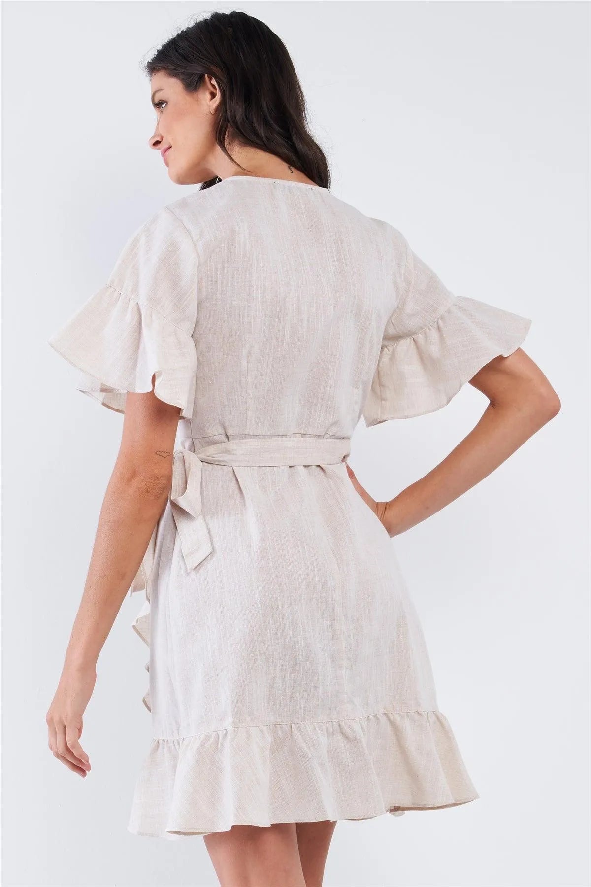 Ruffles Ofd Ress Beige Deep Plunge V-Neck Ruffle Hem Self-Tie Waist Wrap Mini Dress