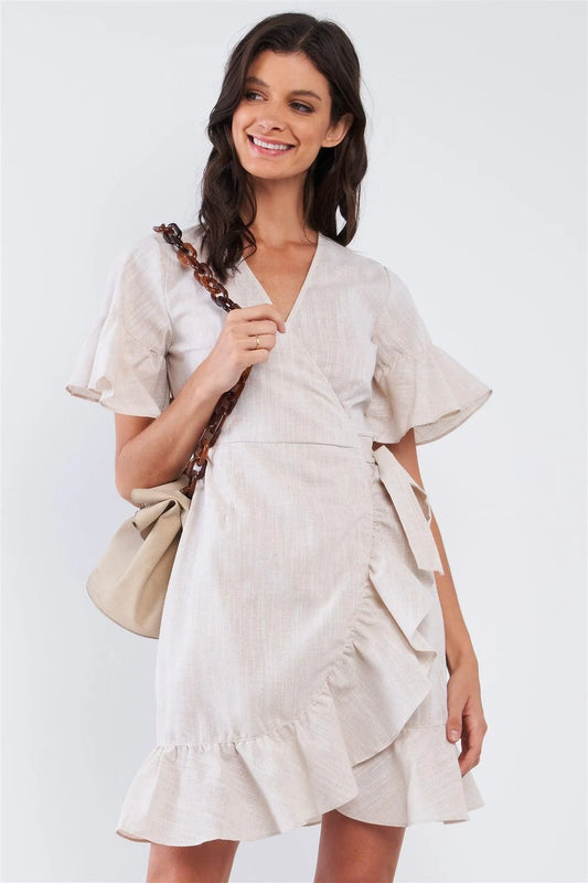 Tan Beige Deep Plunge V-Neck Ruffle Hem Self-Tie Waist Wrap Mini Dress /3-3 - Tasha Apparel Wholesale