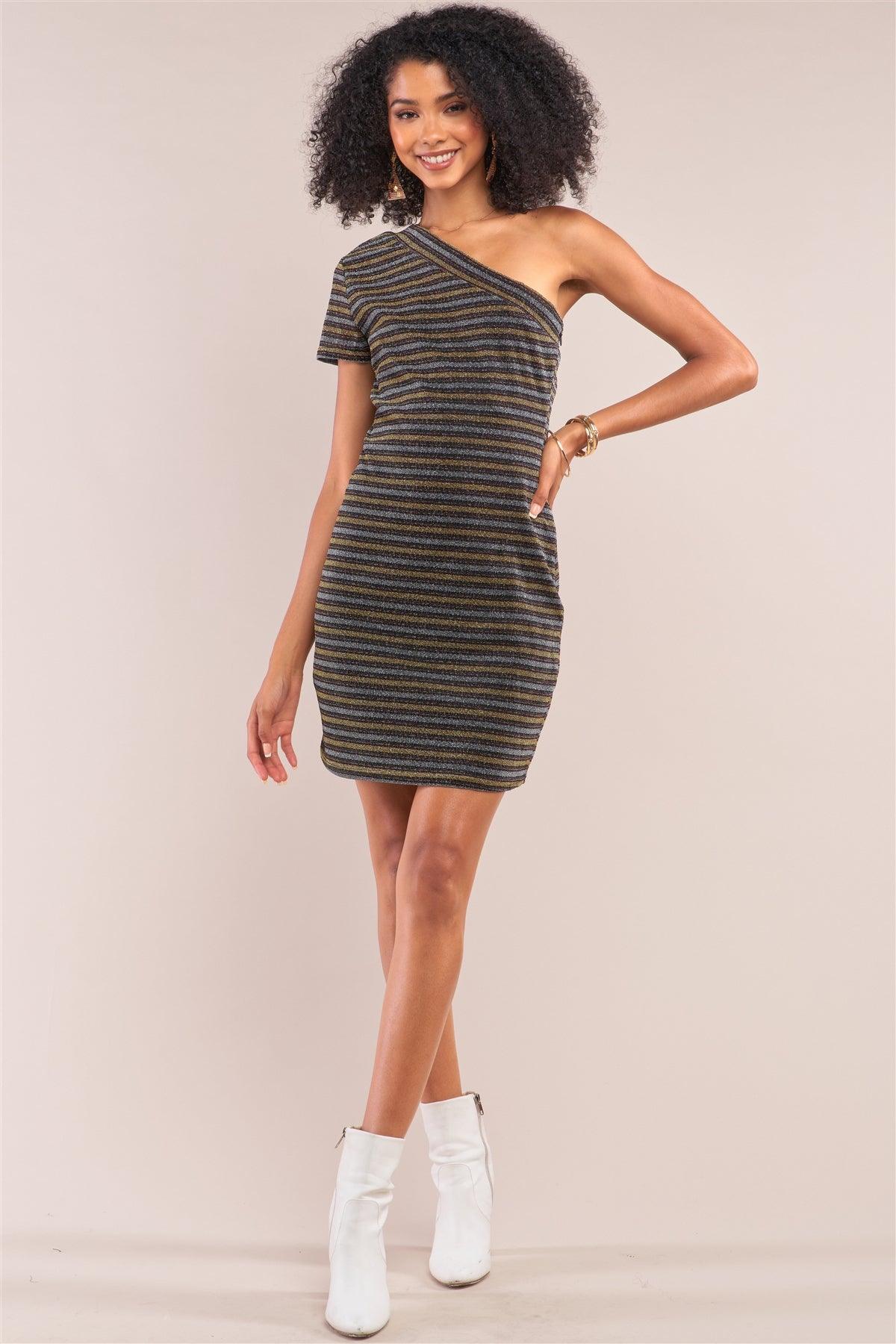 Multi Color Disco Striped One-Shoulder Short Sleeve Fitted Mini Dress /1-2-2-1