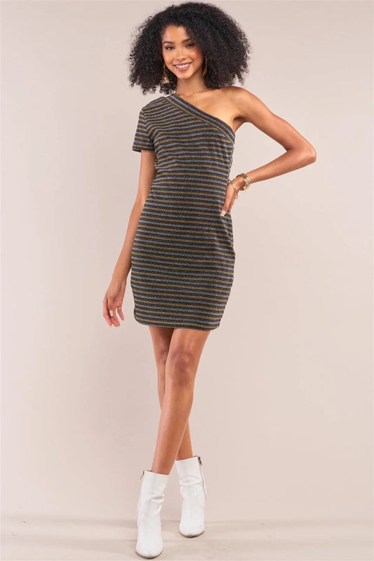 Multi Color Disco Striped One-Shoulder Short Sleeve Fitted Mini Dress /1-2-2-1 - Tasha Apparel Wholesale