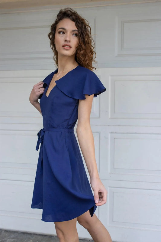 Navy Cotton Blend Flare Back Self-Tie Cape Belted Mini Dress /1-2-2-1 - Tasha Apparel Wholesale