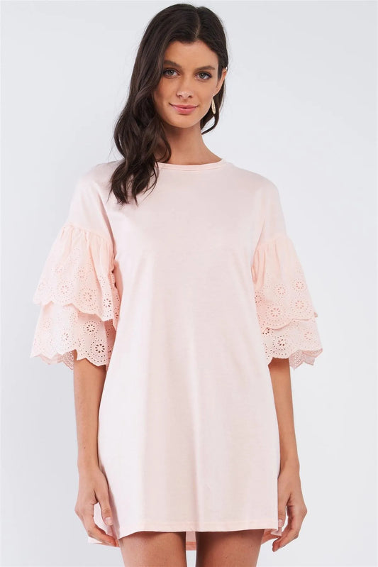 Powder Pink Cotton Loose Fit Crew-Neck Tunic Mini Dress With Layered Crochet Embroidered Scalloped Hem Sleeve /1-2-2-1 - Tasha Apparel Wholesale