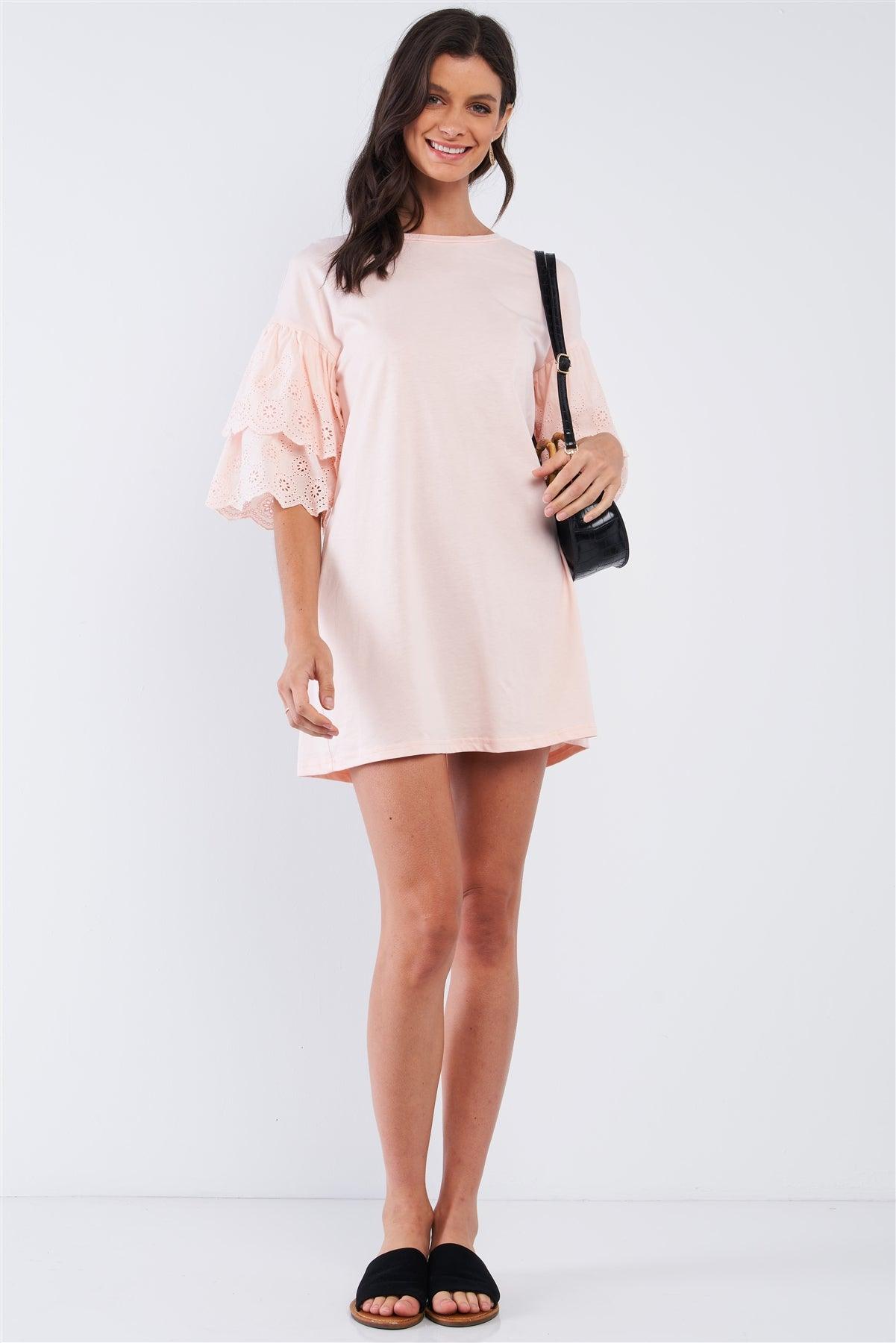 Powder Pink Cotton Loose Fit Crew-Neck Tunic Mini Dress With Layered Crochet Embroidered Scalloped Hem Sleeve