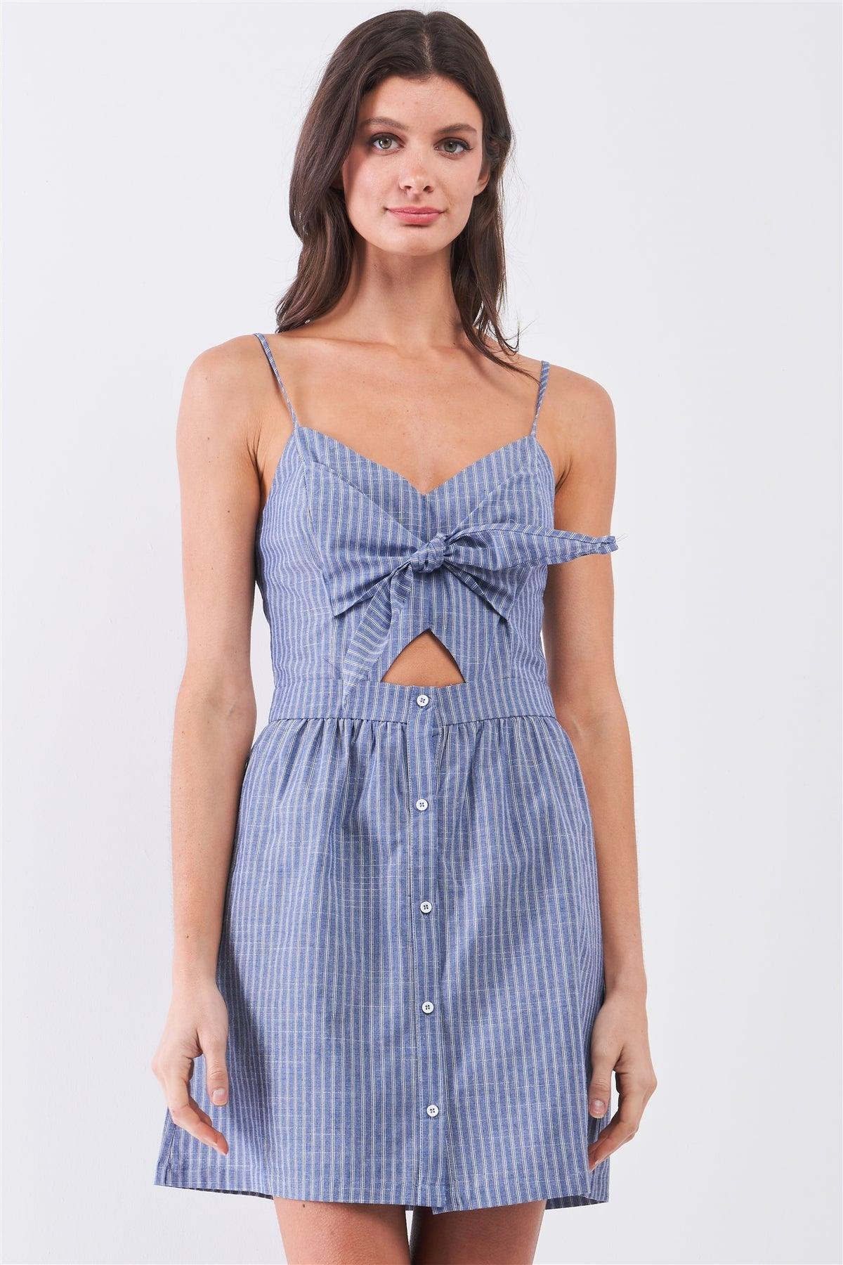Blue & White Striped Sleeveless V-Neck Self-Tie Front Cut-Out Detail Mini Dress /1-1-2