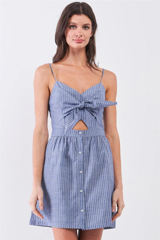 Blue & White Striped Sleeveless V-Neck Self-Tie Front Cut-Out Detail Mini Dress /1-2-2-1 - Tasha Apparel Wholesale