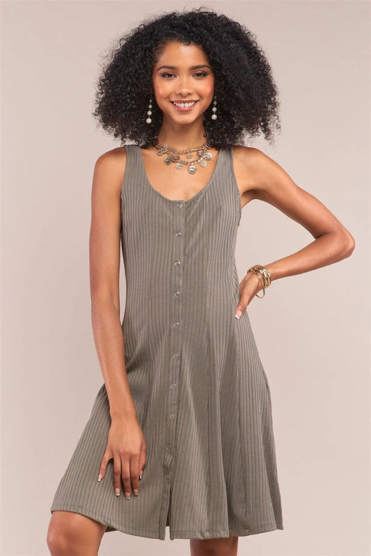 Pastel Green Ribbed Sleeveless Scoop Neck Button Down Flare Mini Dress /1-2-2-1 - Tasha Apparel Wholesale