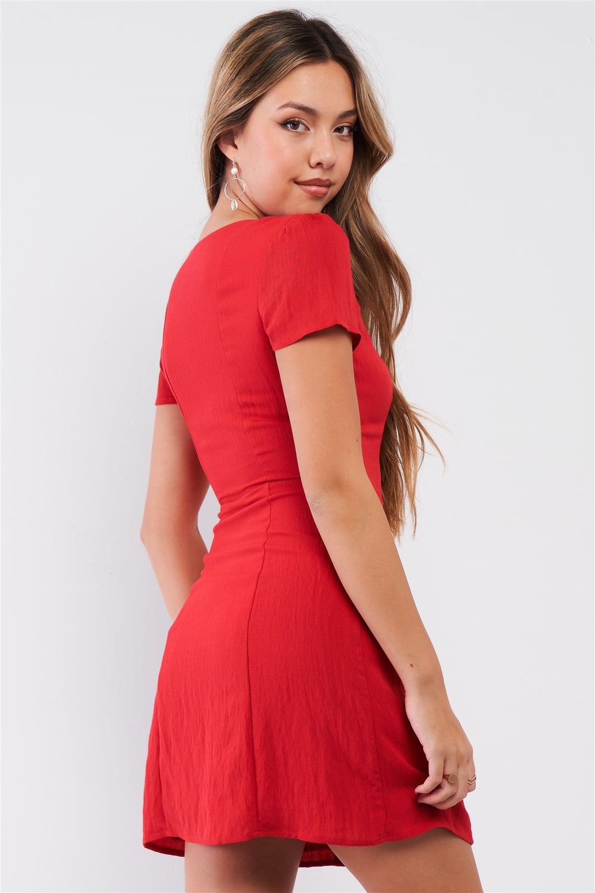 Red Short Sleeve Scoop Neck Corset Lace-Up Detail A-Line Mini Dress /1-2-2-1