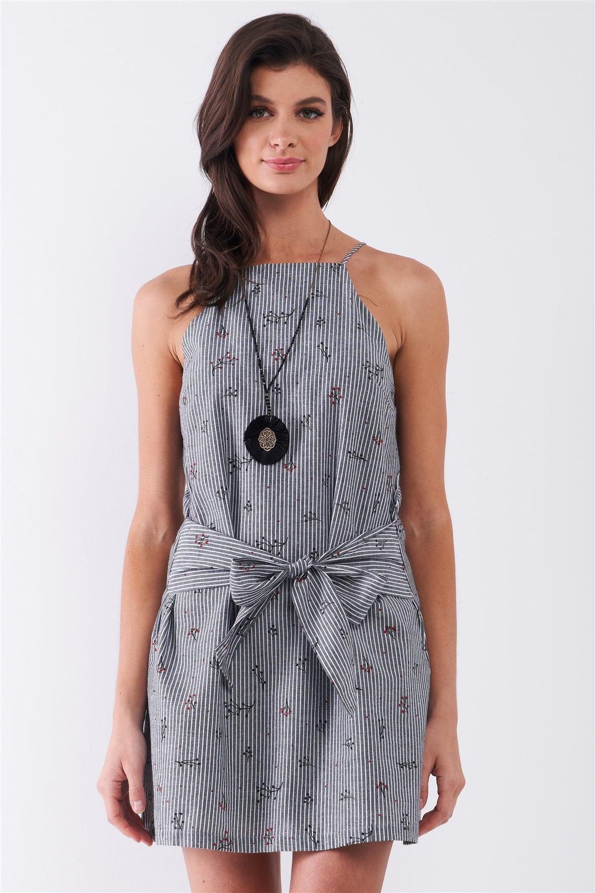 Grey Striped Sleeveless Floral Print High Neck Self-Tie Waist Mini Dress /1-2-2-1