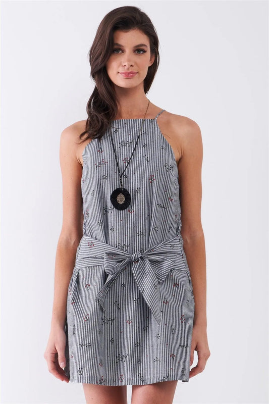 Grey Striped Sleeveless Floral Print High Neck Self-Tie Waist Mini Dress /1-2-2-1 - Tasha Apparel Wholesale