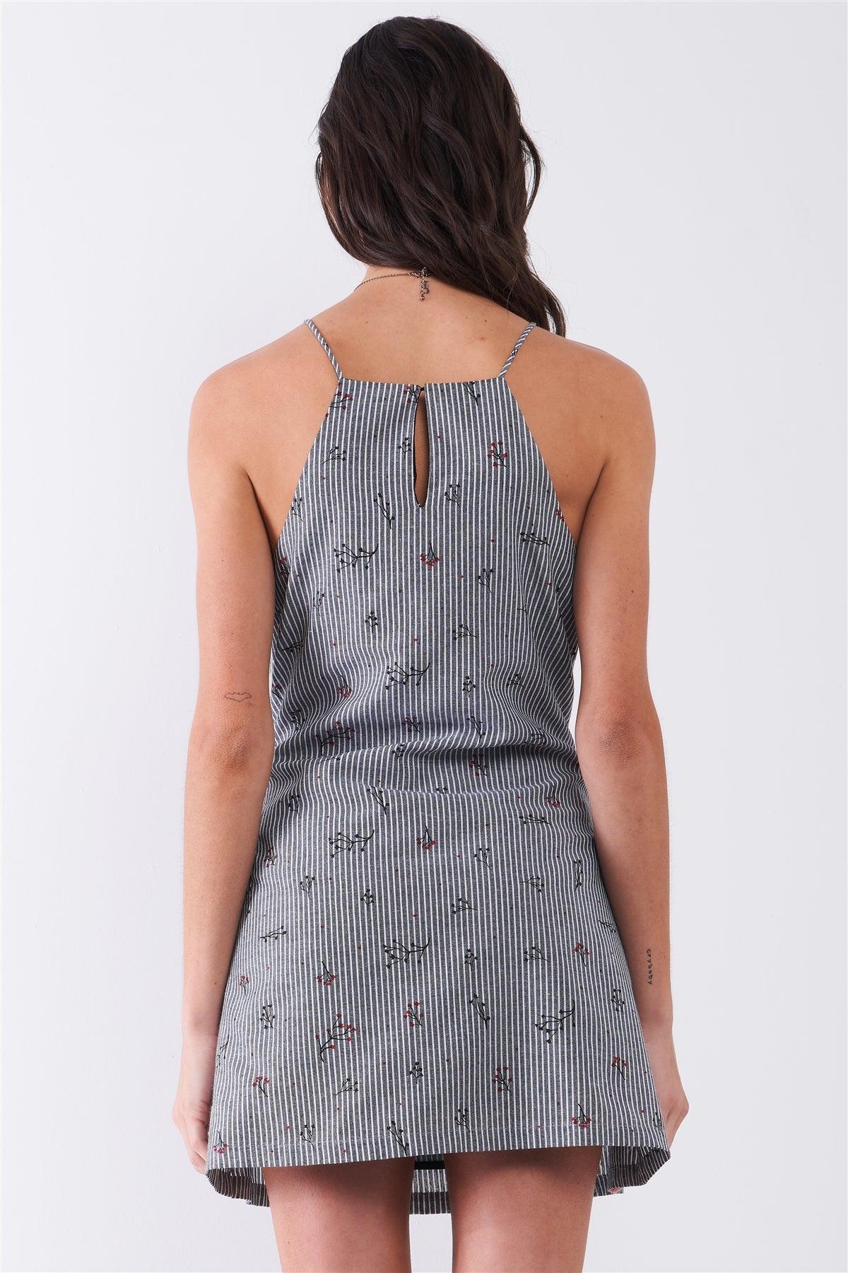 Grey Striped Sleeveless Floral Print High Neck Self-Tie Waist Mini Dress /1-2-2-1