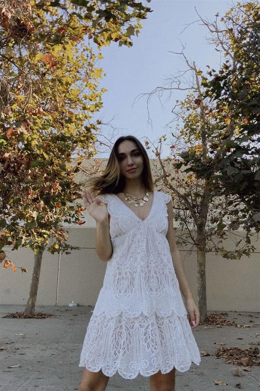 White Deep V-Neck Ruffle Crochet Lace Tiered Mini Dress - Tasha Apparel Wholesale