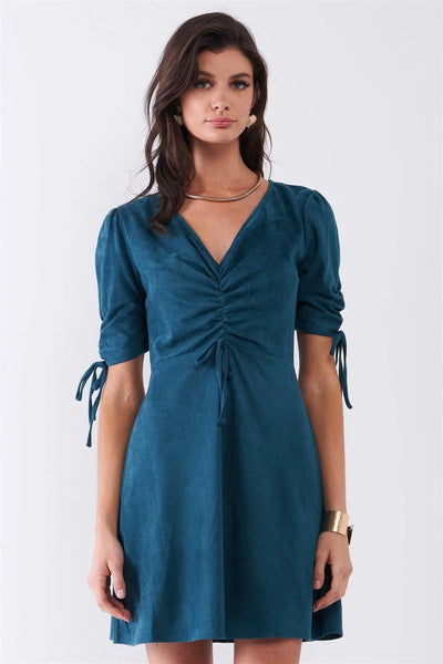 Emerald Green Suede Deep Plunge V-Neck Gathered Detail Tight Fit Mini Dress /1-1-2-1-1 Emerald Green Suede Deep Plunge V-Neck Gathered Detail Tight Fit Mini Dress /1-1-2-1-1