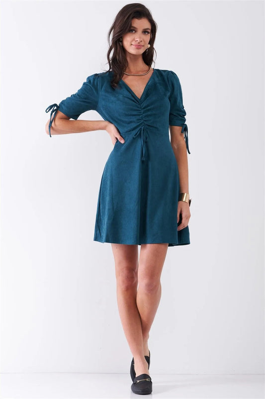 Emerald Green Suede Deep Plunge V-Neck Gathered Detail Tight Fit Mini Dress /2-2-2 - Tasha Apparel Wholesale