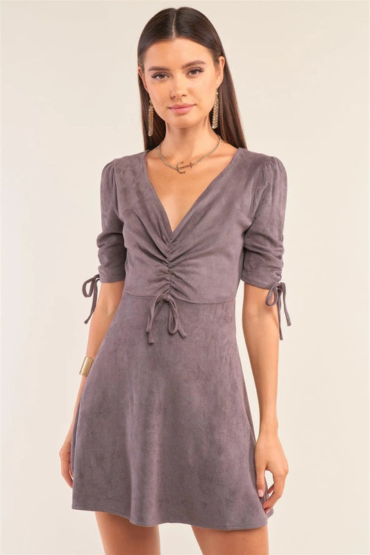 Charcoal Grey Suede Deep Plunge V-Neck Gathered Detail Tight Fit Mini Dress /1-2-2-1 - Tasha Apparel Wholesale