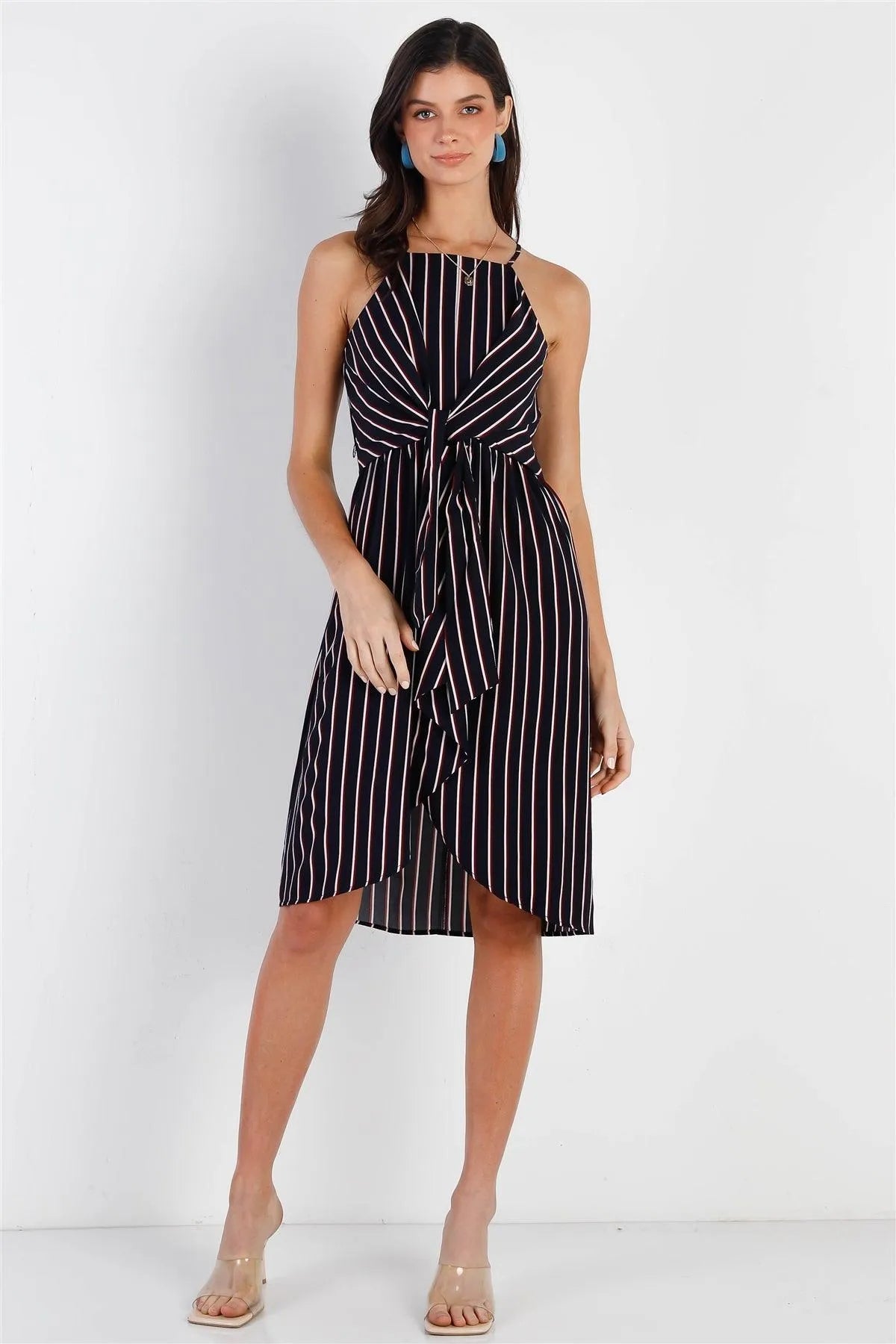 Modern Stripe Tie Front Midi Dress - Tasha Apparel Wholesale