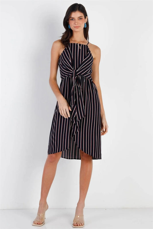 Modern Stripe Tie Front Midi Dress - Tasha Apparel Wholesale