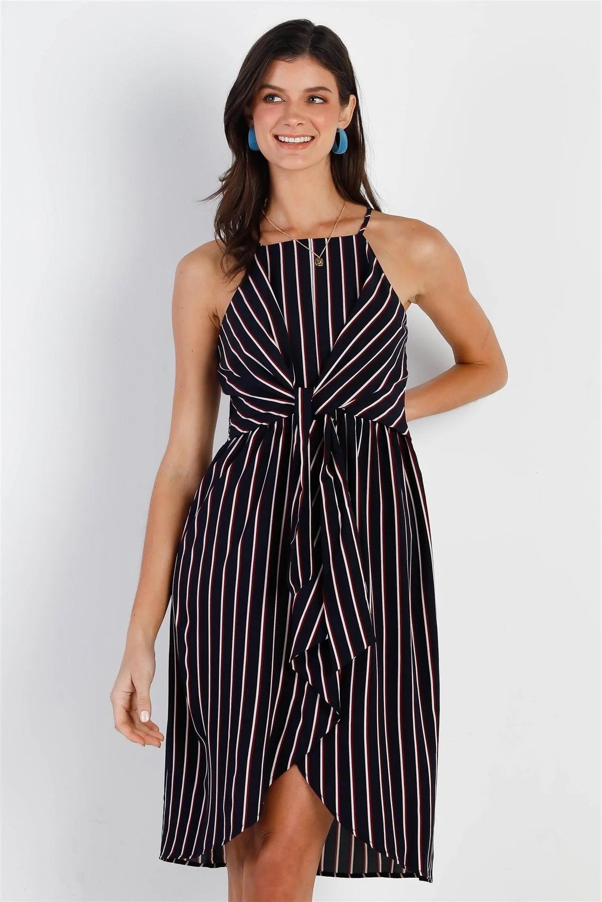 Modern Stripe Tie Front Midi Dress - Tasha Apparel Wholesale