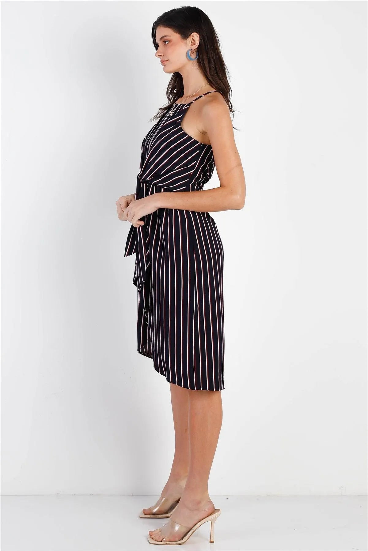 Modern Stripe Tie Front Midi Dress - Tasha Apparel Wholesale